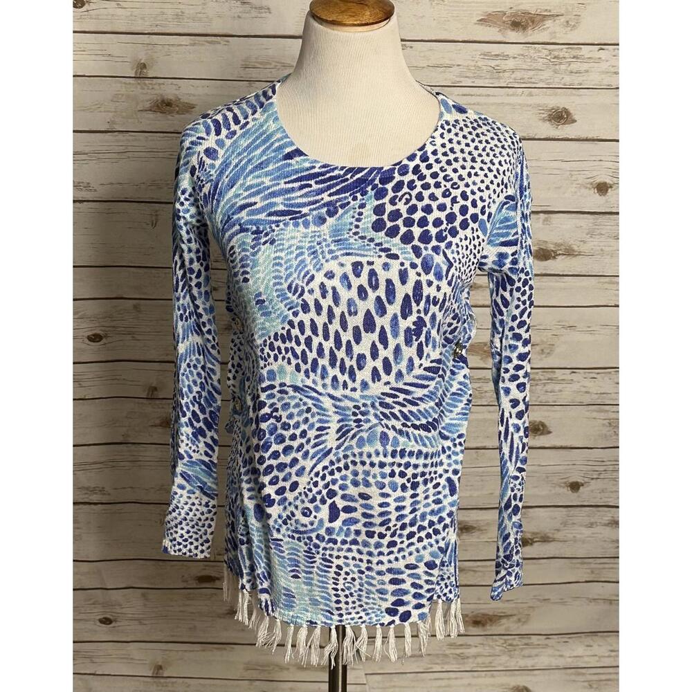 Lilly Pulitzer coastal Ramona Blue Tang Gang fringe hem pullover sweater Size M